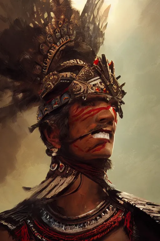 Prompt: aztec warrior, close - up portrait, fierce, intricate, elegant, volumetric lighting, scenery, digital painting, highly detailed, artstation, sharp focus, illustration, concept art, ruan jia, steve mccurry