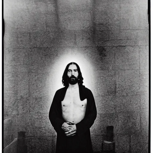 Image similar to photo of Jesus Christ by Diane Arbus, black and white, high contrast, Rolleiflex, 55mm f/4 lens