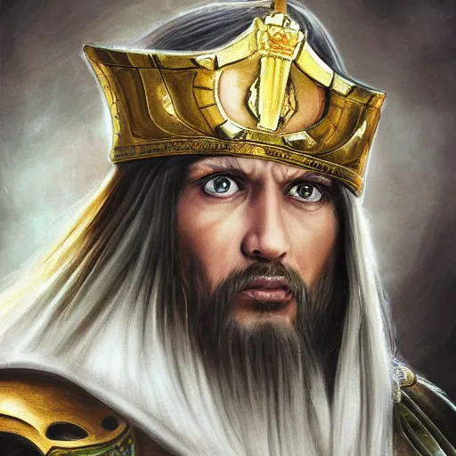 Image similar to the emperor of mankind, beautiful face, long black hair, a wreath on his head, digital painting, photo realism, super realistic detail