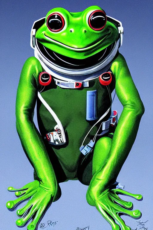 Prompt: long shot, frog wearing a complex astronaut suit in the style of 2001 a space odyssey, digital art, ultra realistic, ultra detailed, art by Randy Bishop, hyperdetailed