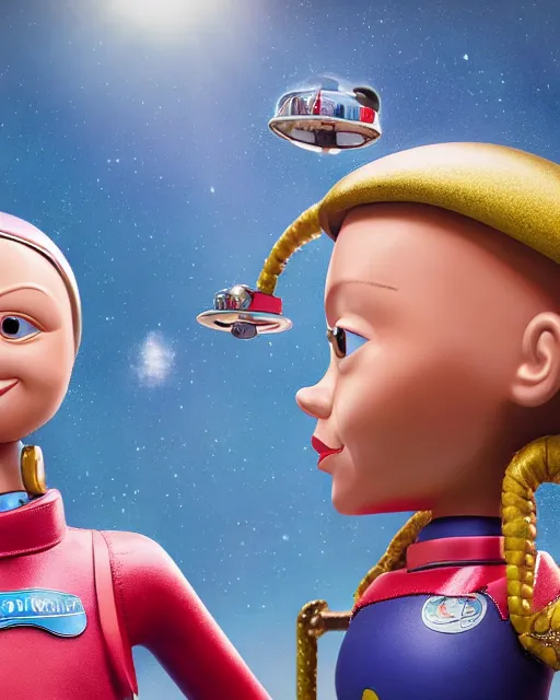 Image similar to closeup face profile portrait of a tin toy greta thunberg as a spacegirl standing next to a saucer - shaped vehicle, bikini, depth of field, zeiss lens, fashion photoshoot by nicoletta ceccoli, mark ryden, lostfish, breathtaking, detailed and intricate environment, 8 k resolution, extremely detailed, beautiful, establishing shot, artistic, hyperrealistic, octane render