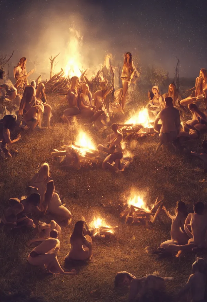 Prompt: realistic white tribe gather around a bonfire with a pregnant woman as her leader, proud people, sharp, antartic night, facinating, fantasy digital art, octane render, beautiful composition, trending on artstation, award - winning photograph, masterpiece