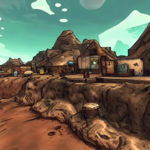 Image similar to a cozy village hanging off the cliffs of mars, water, in the style of borderlands 2,