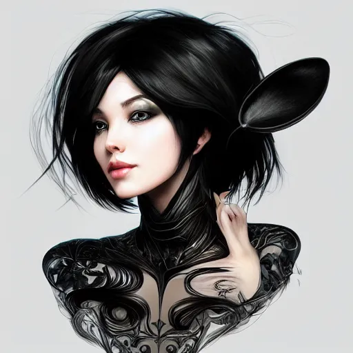 Image similar to a photograpic portrait of a anthropomorphic mouse wearing black clothes, black hair, fantasy, intricate, elegant, highly detailed, digital painting, artstation, concept art, smooth, sharp focus, illustration, art by artgerm and H R Giger and alphonse mucha