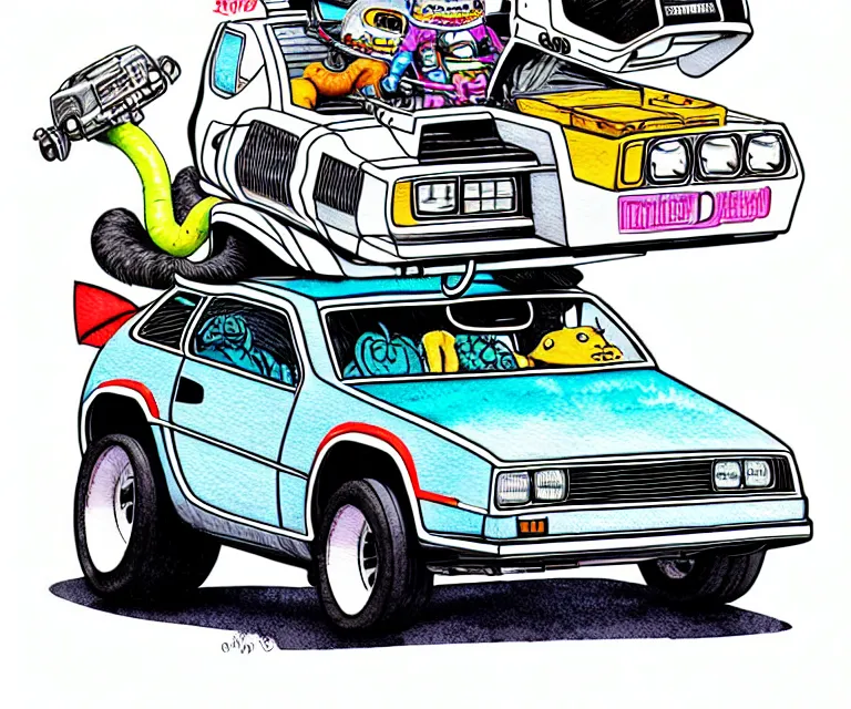 Image similar to cute and funny, ( ( ( ( ( ( racoon ) ) ) ) ) ) wearing a helmet riding in a tiny silver color hot rod dmc delorean with oversized engine, ratfink style by ed roth, centered award winning watercolor pen illustration, colorful isometric illustration by chihiro iwasaki, edited by range murata