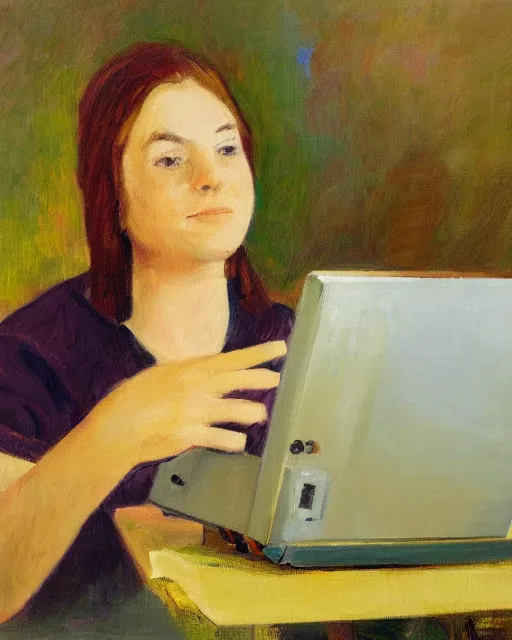 Prompt: an impressionist oil portrait of a young teacher of computer science with a computer, colorful, high resolution