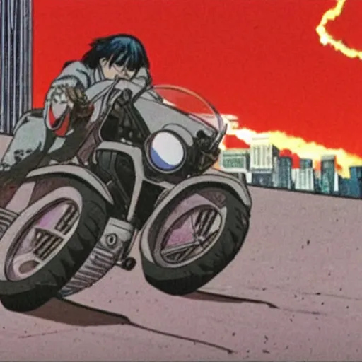 Image similar to a motor cycle chase. cinematic. scene from the movie Akira.