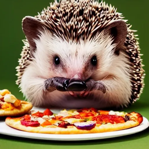 Prompt: still image of an adorable hedgehog sitting at a tiny table eating a tiny pizza, photo