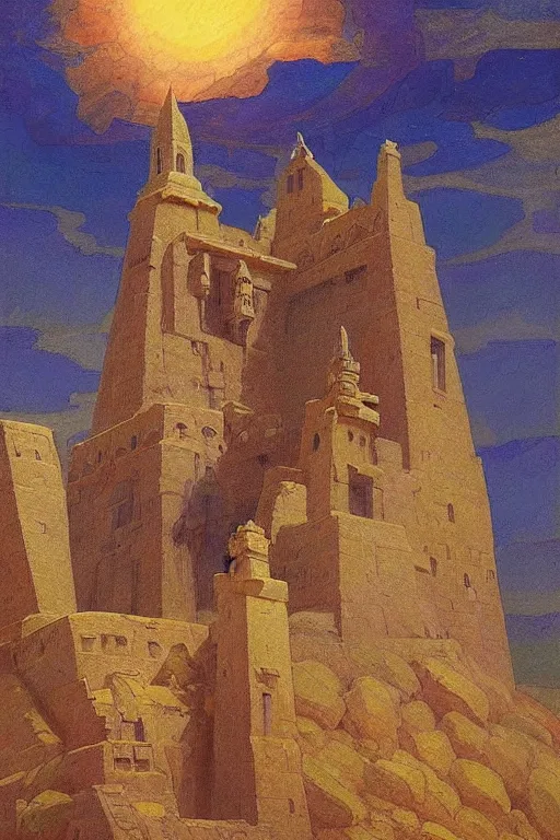 Image similar to holy painted tower of the moon, by Sylvain Sarrailh and Nicholas Roerich and Annie Swynnerton and Gaston Bussière, dramatic cinematic lighting , ornate architecture, sacred artifacts, lost civilizations, smooth, sharp focus, extremely detailed