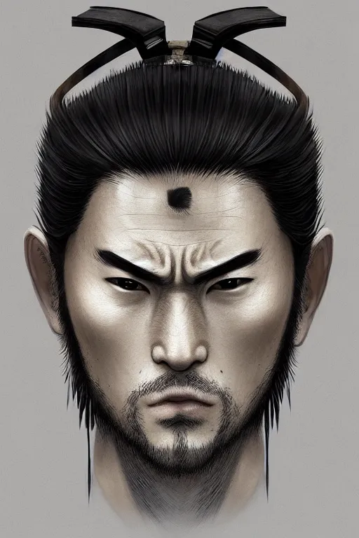 Prompt: face portrait of a handsome and rough ronin with a square jawline, short messy hair, and wearing a haori, by takashi takeuchi, studio ghibli, wlop, kyoto studio, samurai, extremely detailed shading, concept art, digital painting, trending on pixiv, unreal engine 5, octane render, atmosphere, glow, cinematic lighting, full of color
