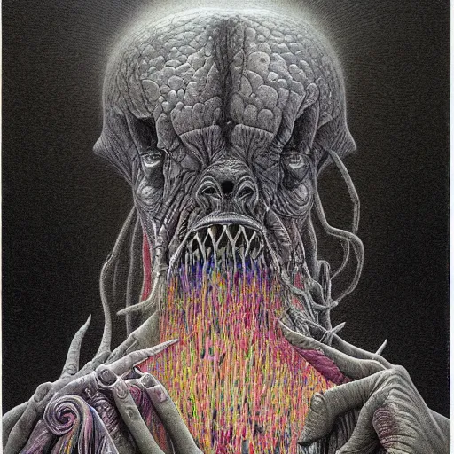 Image similar to a hyperrealistic brightly colored painting of a psychedelic alien nightmare, by john kenn mortensen and zdzislaw beksinski and alex grey, highly detailed, vivid color,