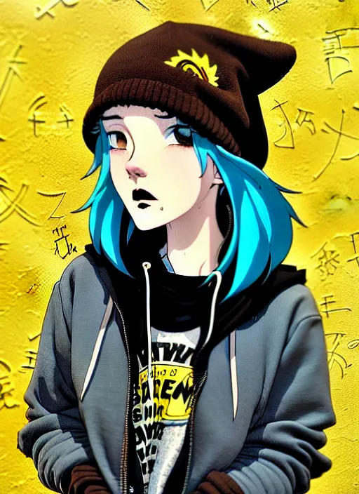 Image similar to highly detailed portrait of a street punk lady student, blue eyes, hoodie, hat, white hair by atey ghailan, by greg rutkowski, by greg tocchini, by james gilleard, by joe fenton, by kaethe butcher, gradient yellow, black, brown and cyan blue color scheme, grunge aesthetic!!! ( ( graffiti tag wall background ) )