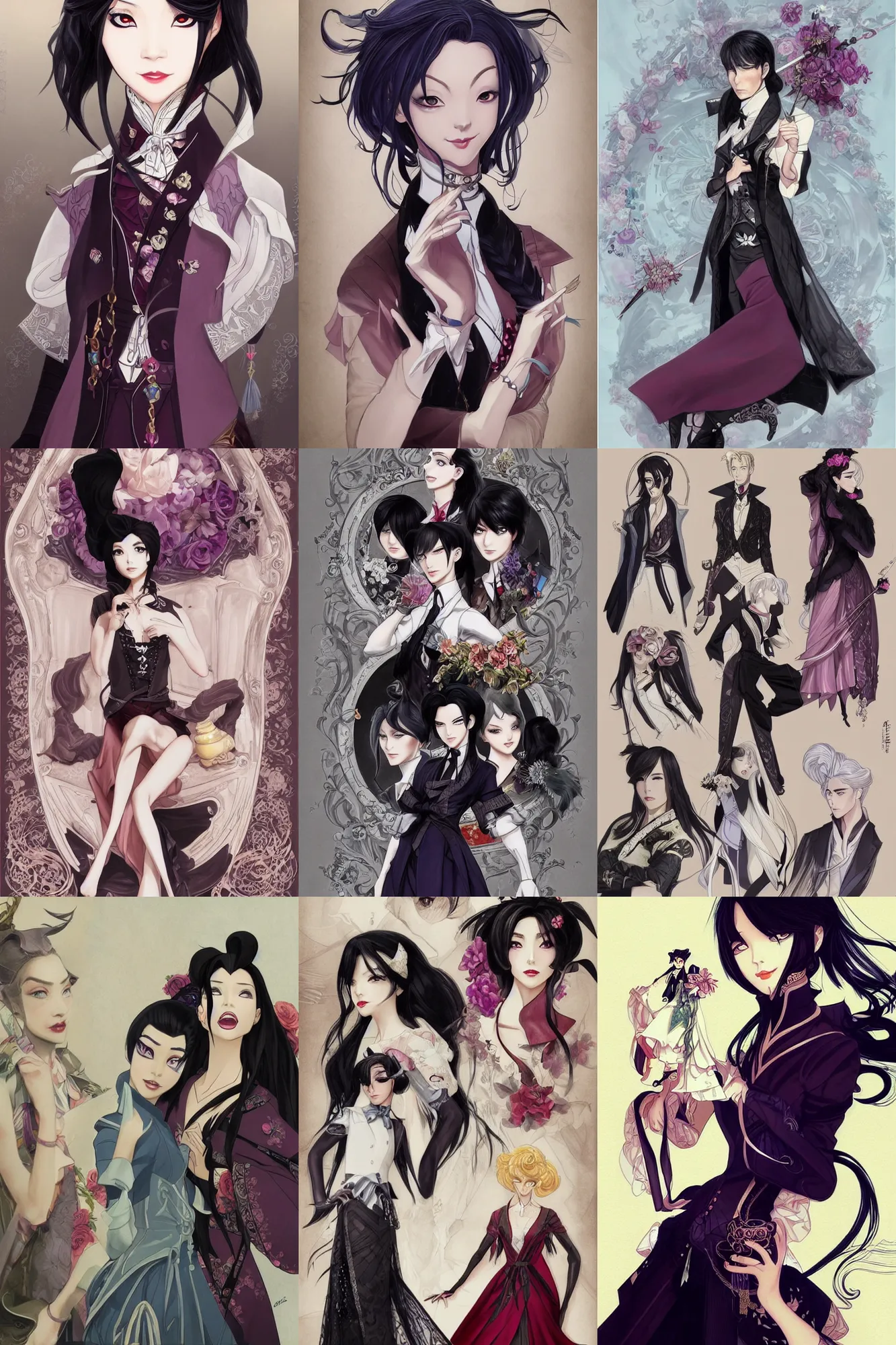 Prompt: fashion and character design spot illustrations from black butler combined with disney's mulan, d & d, fantasy, intricate, elegant, highly detailed, digital painting, artstation, concept art, matte, sharp focus, illustration, hearthstone, art by artgerm and greg rutkowski and alphonse mucha