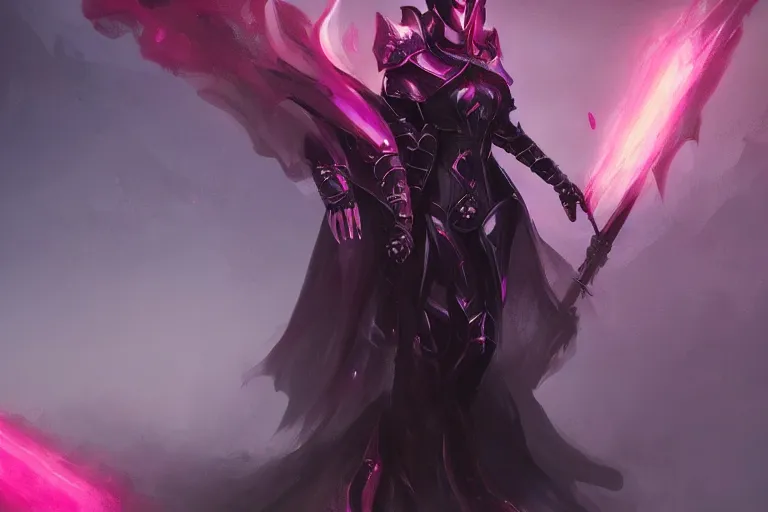 Image similar to masterpiece digital painting of a woman evil knight, full heavy black obsidian armor, chaotic ruby inlays, cape, by kev walker and greg rutkowski, atmospheric fog effects background, purple sparkles, artstation, deviantart, full body view, cinematic lights