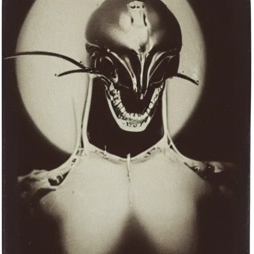 Image similar to polaroid photograph of portrait horrorific alien, 1 9 5 0