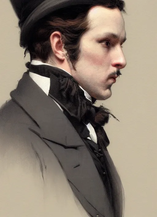 Image similar to 3 / 4 view of a portrait of man in victorian clothing, confident pose, intricate, elegant, sharp focus, illustration, highly detailed, concept art, matte, trending on artstation, goth, art by james jean and artgerm and brian despain and alberto mielgo, greg rutkowski, wlop, ilya kuvshinov, strong strokes