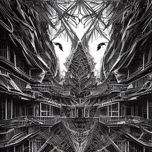 Image similar to crows at a architectural complex with an occult witch by Android Jones and M. C. Escher collaboration, futurist, digital art, dramatic lighting, symbolic