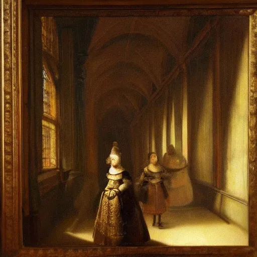 Prompt: fine art oil on canvas painting. two women in a vast castle lobby wearing fine clothes. dark room with light coming through the right side of the place. by rembrandt harmenszoon van rijn.