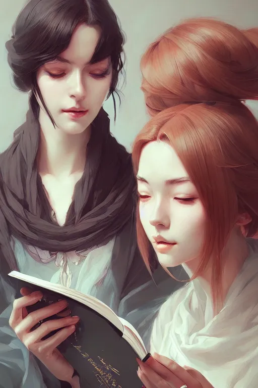 Image similar to portrait of two wise and very beautiful women reviewing some texts, art by guweiz, intricate, elegant, highly detailed, smooth, sharp focus, artstation