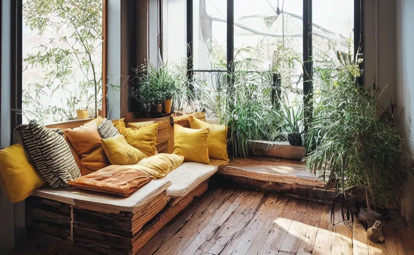 Image similar to interior desing magazine photo of a big window with a wooden frame to sit on, some sandy yellow pillows, there are just a few books and plants on a small integrated shelf, great architecture, ambient light, 8k