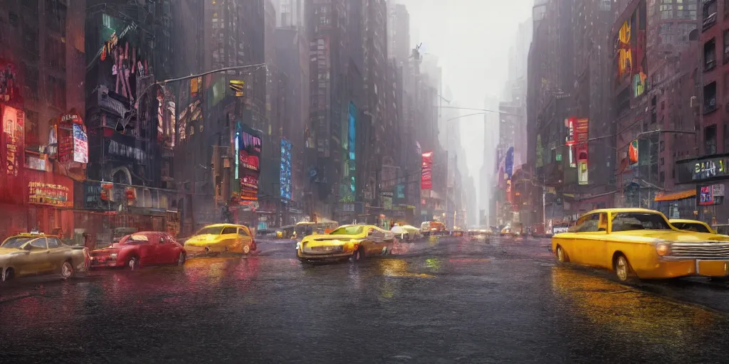 Image similar to a film still of a street scene on a rainy but colourful day in new york. wide shot, wes anderson, studio ghibli, pixar and disney animation, sharp, rendered in unreal engine 5, anime key art by greg rutkowski, bloom, dramatic lighting