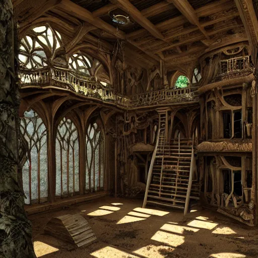 Prompt: inside view of a large gothic treehouse, highly detailed, artstation, high resolution, nature, gothic