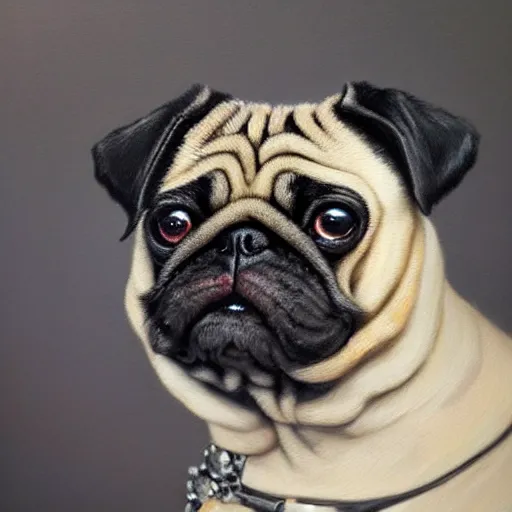 Image similar to oil painting, a emo pug, intricate, masterpiece, artstation, stunning