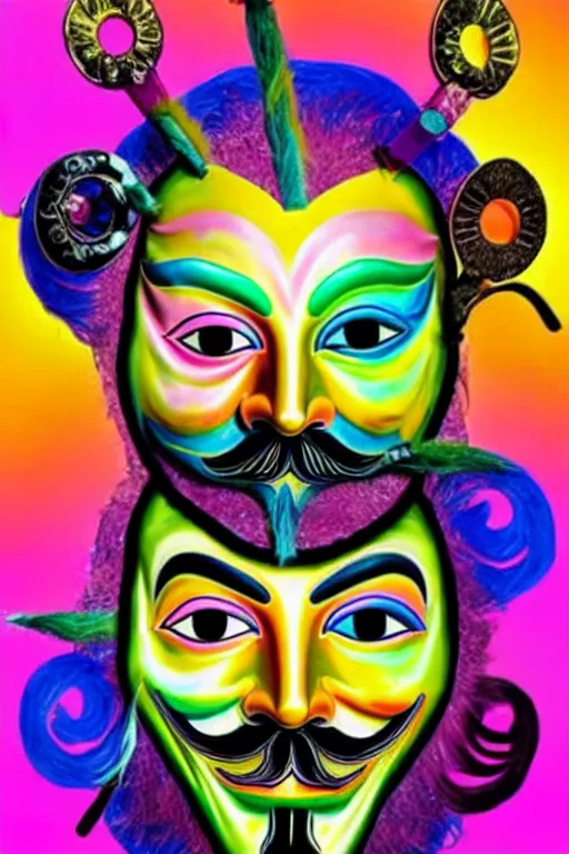 Image similar to guy fawkes mask, lisa frank + salvador dali,