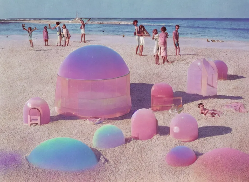 Prompt: a pastel coloured vintage family holiday photo of an empty beach from an alien dreamstate world with chalky pink iridescent!! sand, reflective lavender ocean water, dim bioluminescent plant life and an igloo shaped open fronted shiny plastic festival stage and large boxy sound system with transparent frosted panels!! glare. refraction, volumetric light.