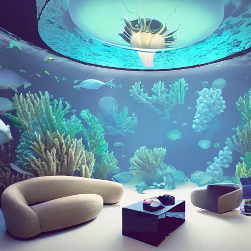 Image similar to photo of the modern fashionable room as aquarium with a chandelier as a big jellyfish, beautiful corals on the walls and dangerous sharks on the big panoramic window, realism, sharp details, cinematic, a lot of gleans, under the ocean, realistic colors, realistic shadows, daylight made in blender and cinema 4 d, hd, 3 d by beeple and by greg rutkowski