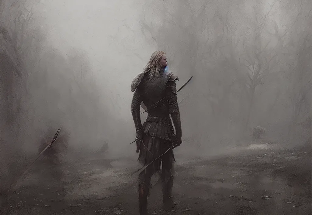 Image similar to rhaegar targaryen, foggy, rain, gloomy, mysterious, artstation, jakub rozalski, high detail, dramatic lighting