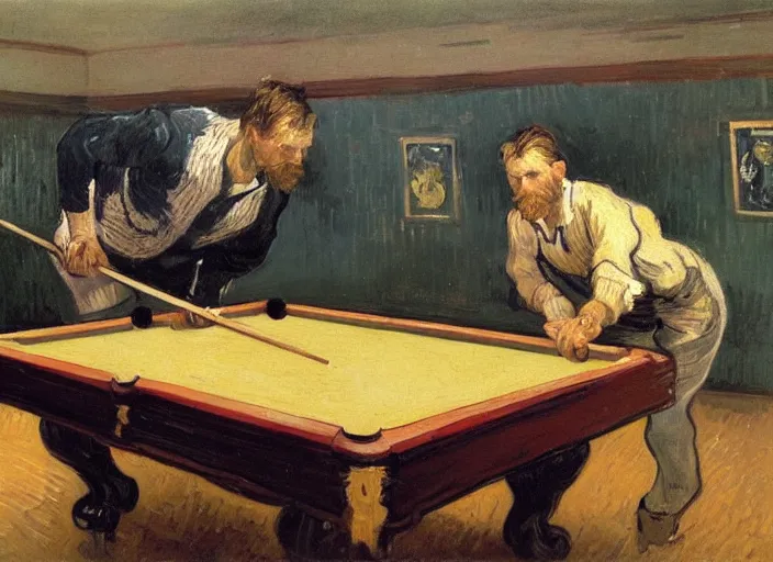 Prompt: a highly detailed beautiful portrait of van gogh playing pool, by gregory manchess, james gurney, james jean