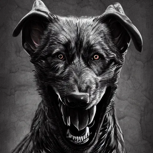 Image similar to venom dog version, ultra realistic, highly detailed, photorealism, scary, intricate detail, high res, textures, extremes, dark, twisted, black, wiry, superhero, antihero, powerful, teeth, licking tongue, dog, hair, german shepard trending on artstation