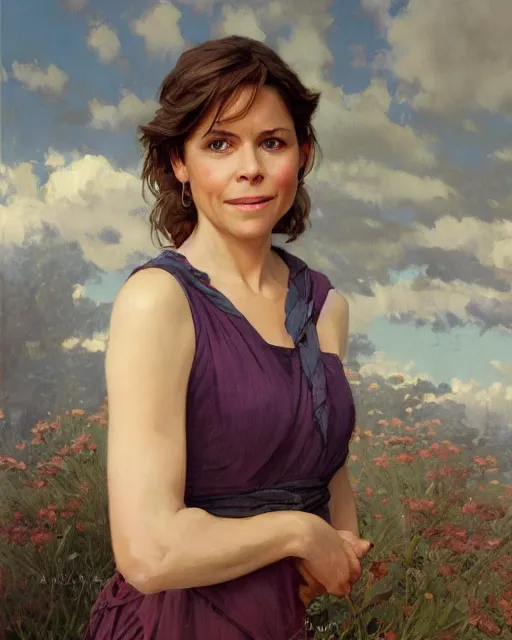 Prompt: a portrait painting of sabrina lloyd / nicole de boer / maura tierney hybrid oil painting, gentle expression, smiling, elegant clothing, scenic background, extremely detailed and lifelike, artgerm, greg rutkowski, alphonse mucha, vladimir volegov, adolphe bouguereaum, greg hildebrandt