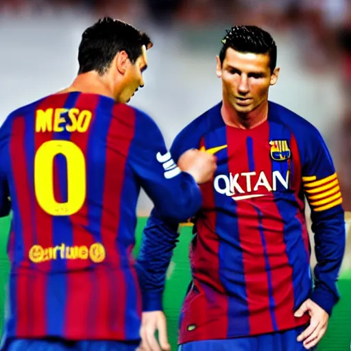 Prompt: Cristiano Ronaldo and Lionel Messi playing together in FC Barcelona. Realistic.