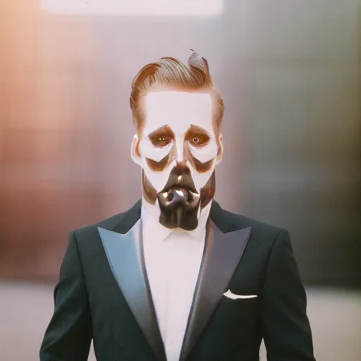 Image similar to sharp portrait of a man in a suit with a face made of black shiny leather standing in los angeles, blured zombies on a background, bokeh, detailed, film photography, kodak portra 4 0 0, mamiya,