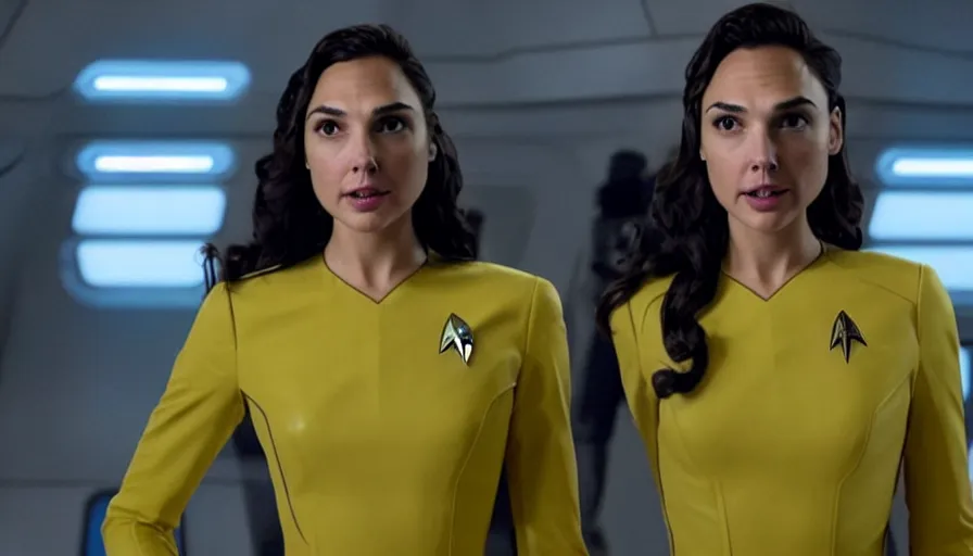 Prompt: Gal Gadot, wearing a regulation starfleet yellow uniform, is the captain of the starship Enterprise in the new Star Trek movie