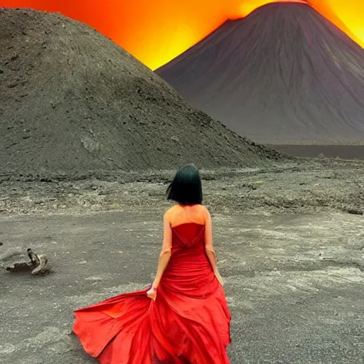 Prompt: a woman using a volcano as a dress
