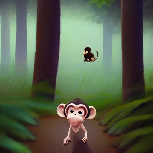 Image similar to goro fujita ilustration a real life baby monkey walking in the forest, painting by goro fujita, sharp focus, highly detailed, artstation