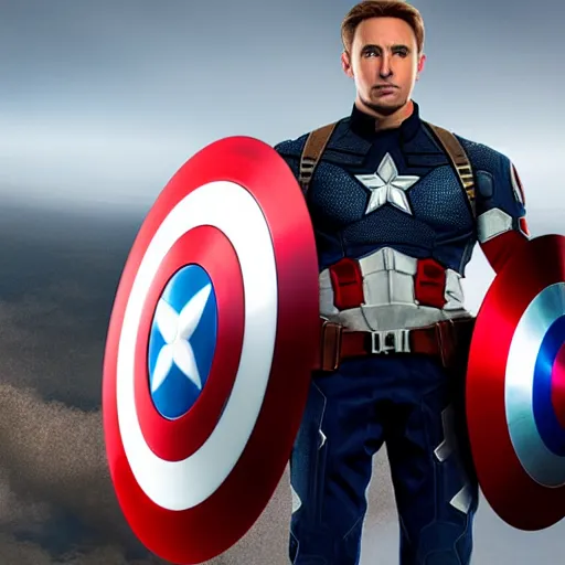 Image similar to A realistic photo of Captain america, with his shield covering his groin, hyper-realistic, 8K HDR, sunset