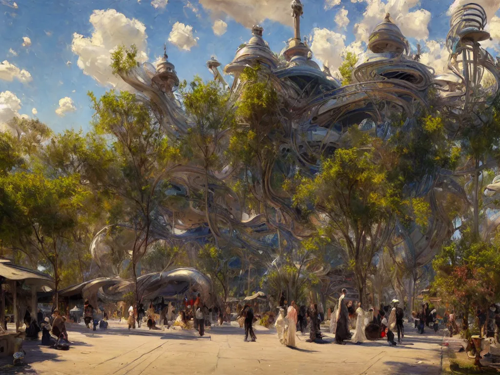 Prompt: impressionist brushstrokes!!!! solomon joseph solomon and richard schmid and jeremy lipking victorian loose genre loose painting of a busy elaborate ornate outdoor sci - fi park, cinematic, shadows, partly cloudy day, 4 k, detailed, by ( ( ( zaha hadid and beeple ) ) )