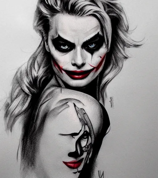 Image similar to tattoo design sketch of beautiful margot robbie portrait with joker makeup, in the style of den yakovlev, realistic face, black and white, realism tattoo, hyper realistic, highly detailed