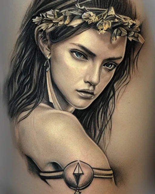 Image similar to realism tattoo sketch of a beautiful greek goddess aphrodite with piercing eyes wearing a laurel wreath and triangle earrings, in the style of greg rutkowski, amazing detail