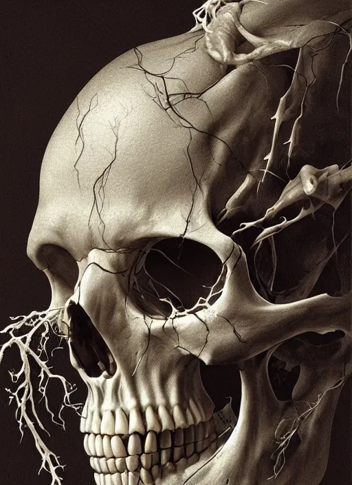 Prompt: skull with translucent skin, visible muscles and veins and arteries and bones and spines and nerves, beautiful detailed intricate insanely detailed octane render, 8k artistic photography, photorealistic, chiaroscuro, by David Cronenberg, Raphael, Caravaggio