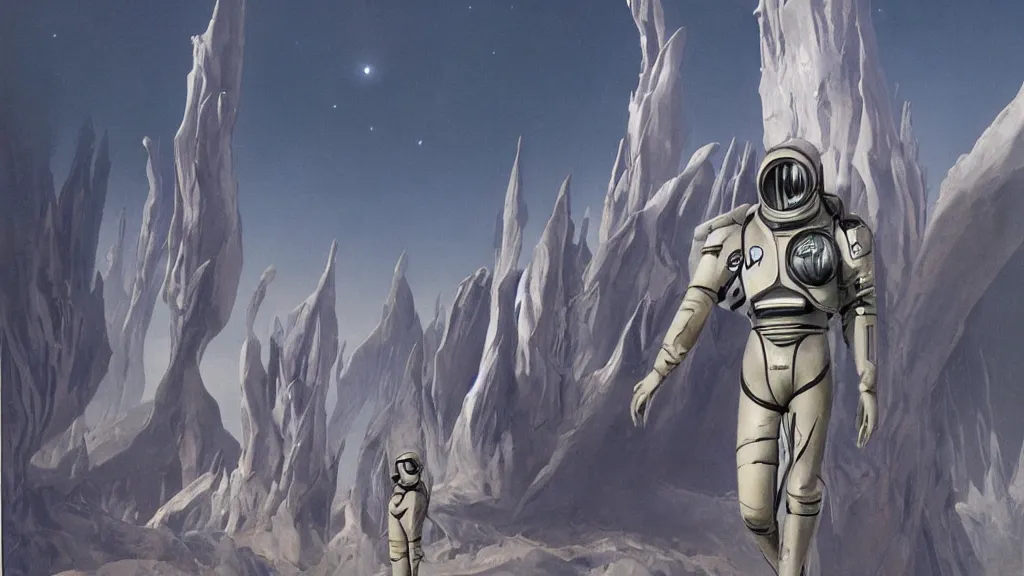 Image similar to futuristic organic spacesuit design by john schoenherr and jim burns, epic cinematic matte painting