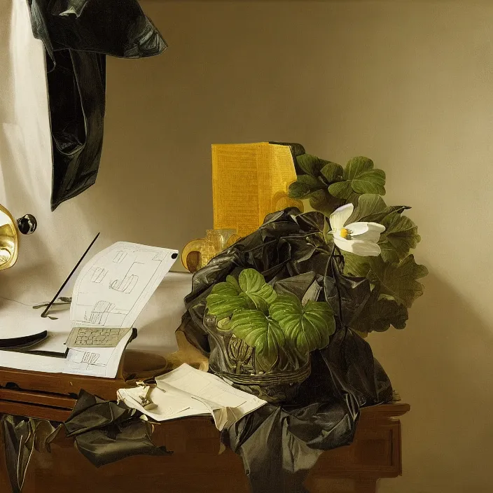 Image similar to still life painting of a personal computer and greenery by pieter claesz, oil on canvas, strong lighting, highly detailed, hyper realism, golden hour, god rays, hd, 4 k