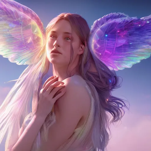 Image similar to an iridescent unicorn with translucent wings frolicking in a field of marijuana, a nebula is in the sky, art by artgerm and greg rutkowski and alphonse mucha, concept art, octane render, unreal engine 5, highly detailed, high quality, 8 k, soft lighting, realistic face, path traced