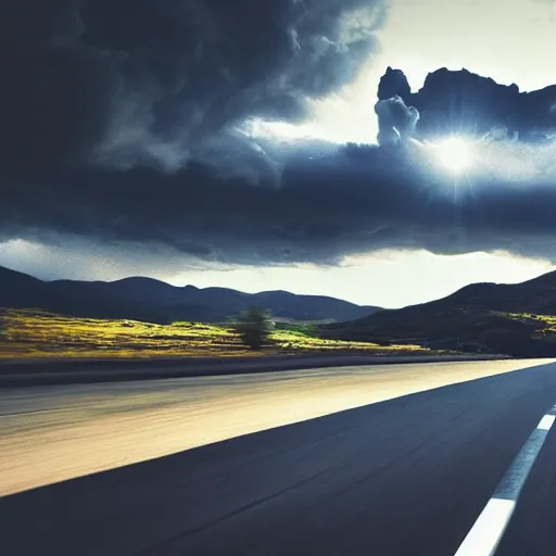 Prompt: black trans - am driving towards the camera, mountain, valley, breathtaking mountains, lake, dynamic, sunrise, cinematic, motionblur, sunbeams, volumetric lighting, wide shot, low angle, large lightning storm