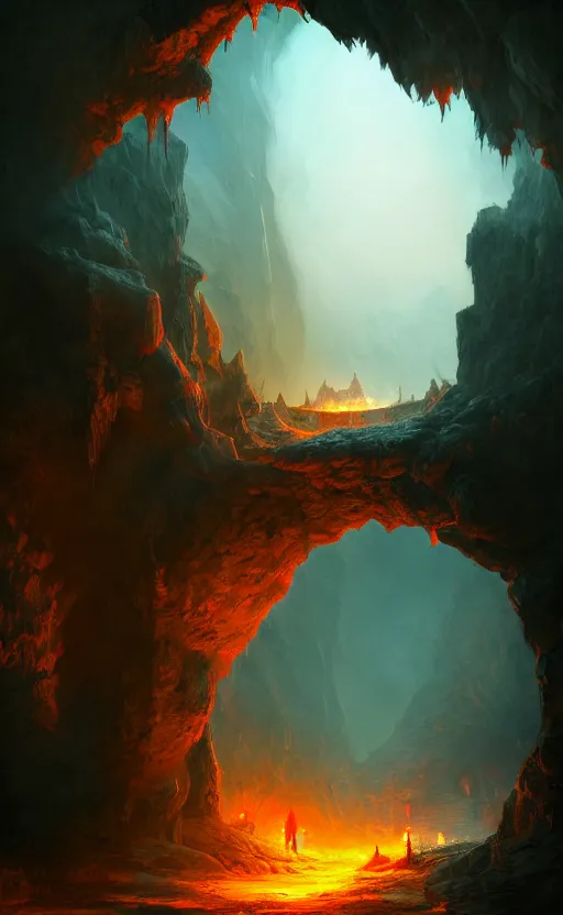 Image similar to a gate into hell, portal, doorway, in the distance of a giant cave, dynamic lighting, ambient lighting, atmospherical, photorealistic fantasy concept art, trending on art station, stunning visuals, creative, cinematic, ultra detailed