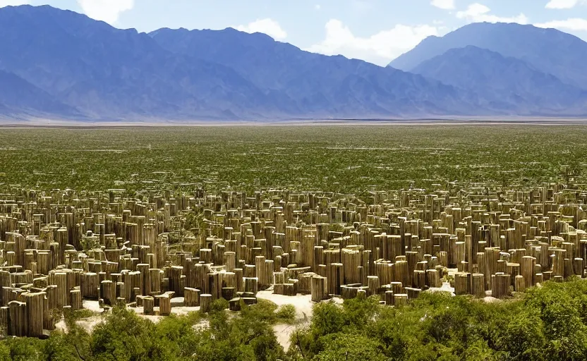 Image similar to green lush city with various trees and wooden buildings made from bamboo, built in death valley